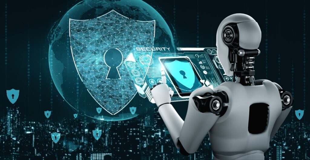 Robot de color blanco y negro que representa a la inteligencia artificial empresarial siendo usada de manera segura con una cerradura de color azul luminoso.