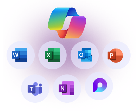 Logo de Microsoft 365 Copilot con íconos de Teams, Outlook, Word, Excel y PowerPoint, representando copilots empresariales para productividad en el entorno corporativo.
