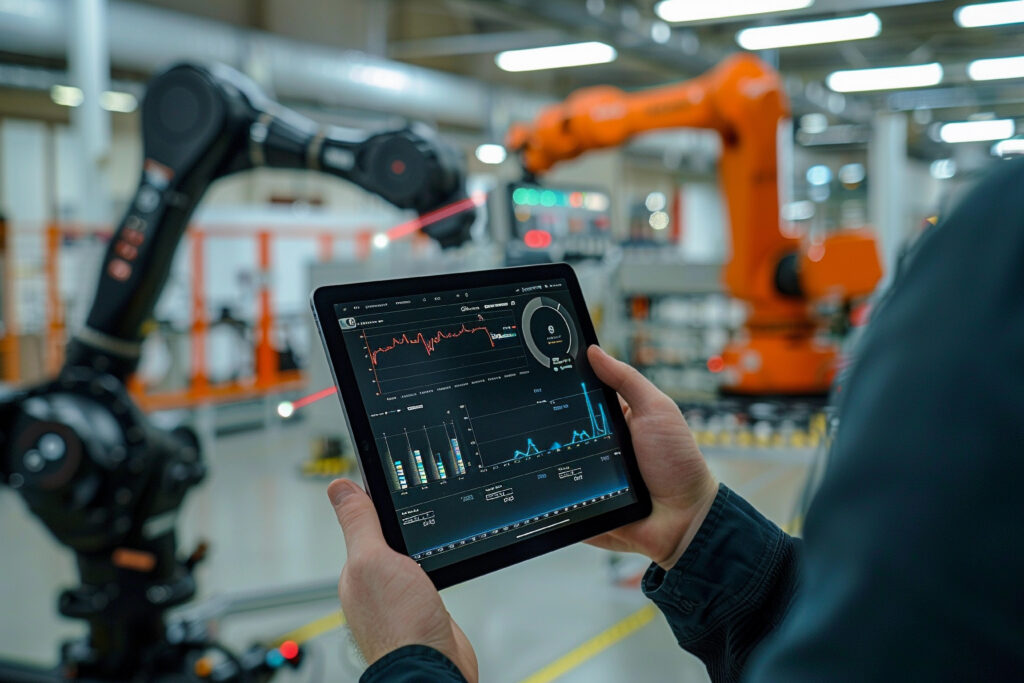 Primer plano de un operario sosteniendo una tablet con gráficos de monitoreo de datos en tiempo real, con dos brazos robóticos de automatización inteligente operando en el fondo de una fábrica moderna.