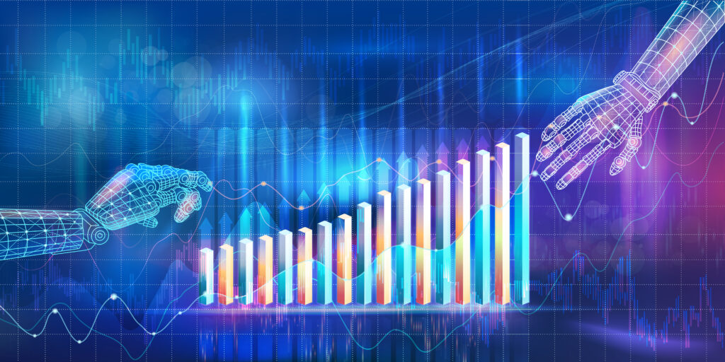 analisis-financiero-ia-manos-roboticas-grafico-ascendente Una ilustración digital vibrante en tonos azules y púrpuras que muestra dos manos robóticas de estructura alámbrica acercándose a un gráfico de barras ascendente. El fondo incluye elementos de datos financieros como velas de trading, líneas de tendencia y puntos de conexión digital, simbolizando el crecimiento económico impulsado por la inteligencia artificial.