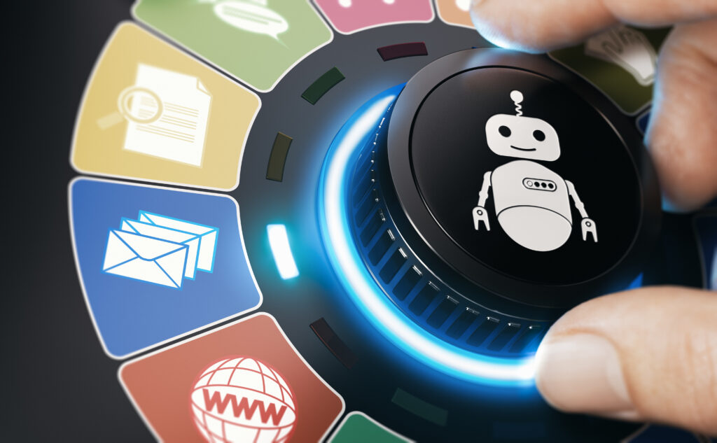 gestion-herramientas-agentes-de-ia-empresariales Primer plano de una mano girando una perilla de control con el icono de un robot, rodeada de opciones digitales como correo electrónico y navegación web. La imagen ilustra la automatización de tareas mediante agentes de IA empresariales en una interfaz de usuario intuitiva.